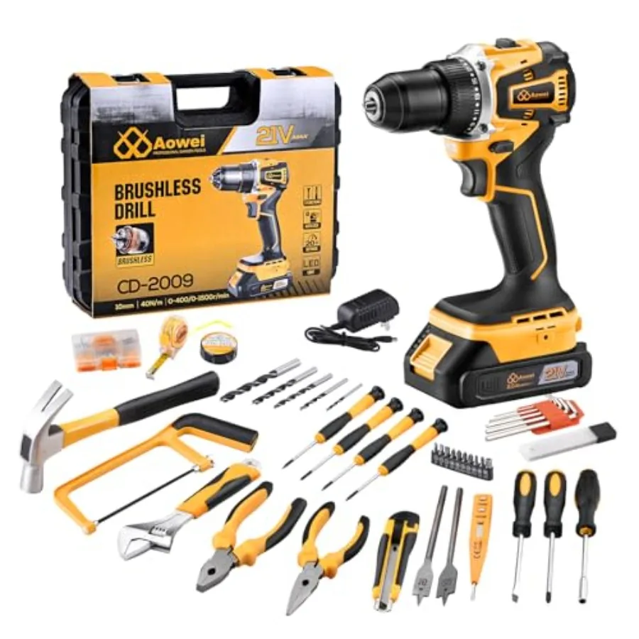

Brushless Motor Tool Kit Set: Yellow 21V Cordless Drill, Power Drill Tool Box, 3/8" Keyless Chuck, 2 Variable Speeds, with Batt