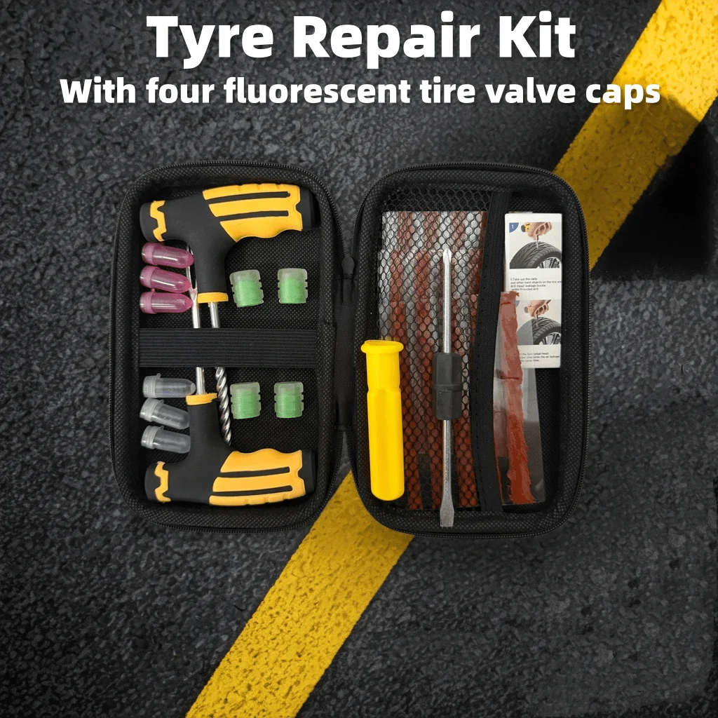 Tyre Repair Kit with Glow in the Dark Valve Caps, T-Handle Reamer Plugger, Repair Strings, Screw Plugs, MTB Road Bike