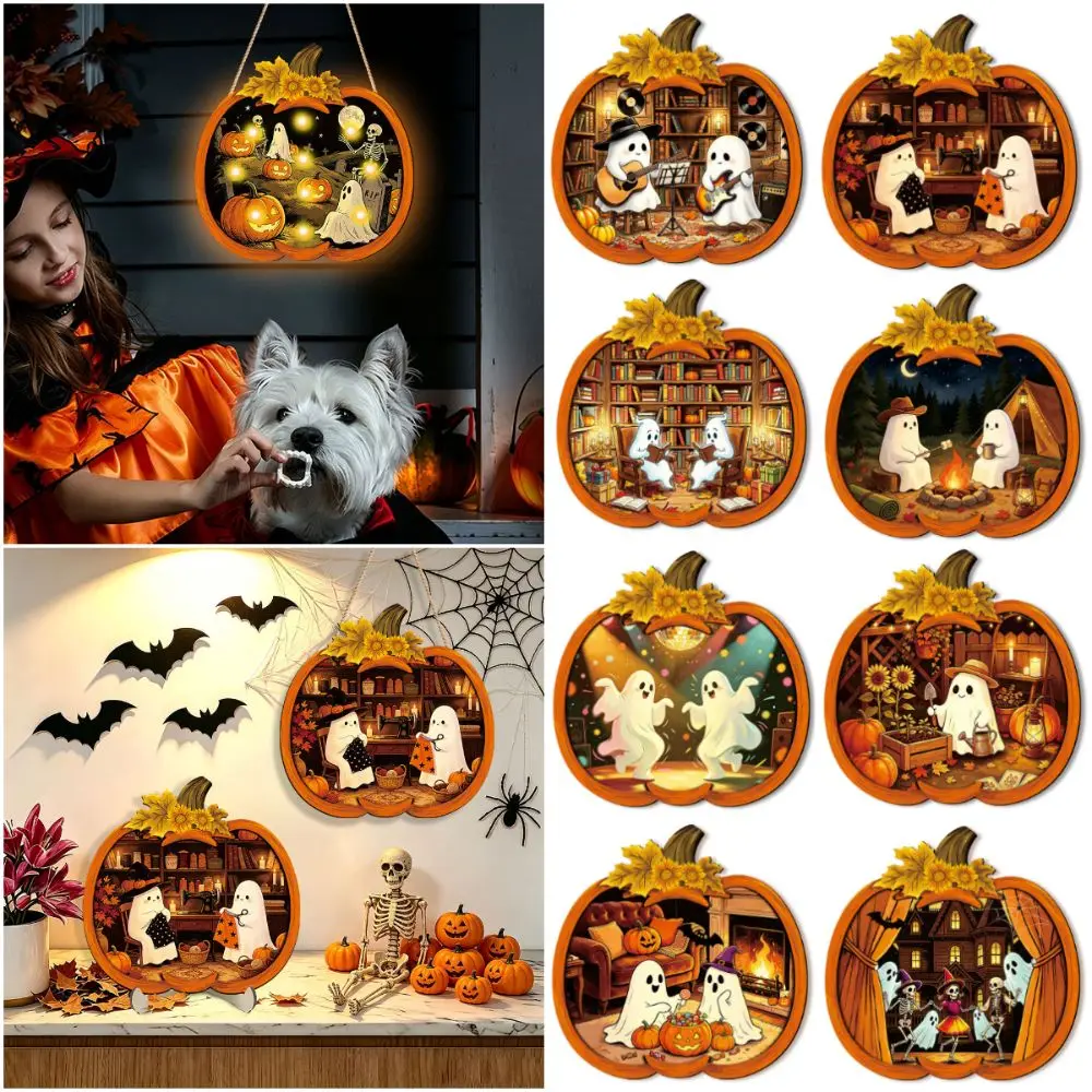 Cartoon Ghost Halloween Pumpkin Light-up Signage Lighted Pumpkin LED Lamp Wall Hanging Plaque Multi-functional Scenery Layout