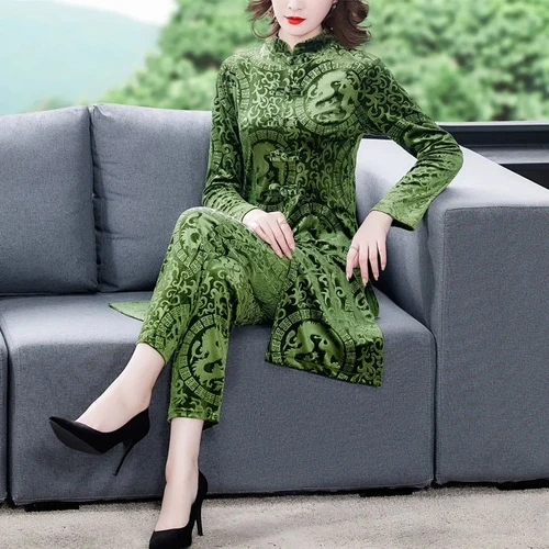 Imagen 1 del producto Conjunto de dos piezas para mujer, traje de terciopelo dorado, Jersey, Tops y pantalones completos, pantalones holgados de mediana edad, 5XL, Primavera