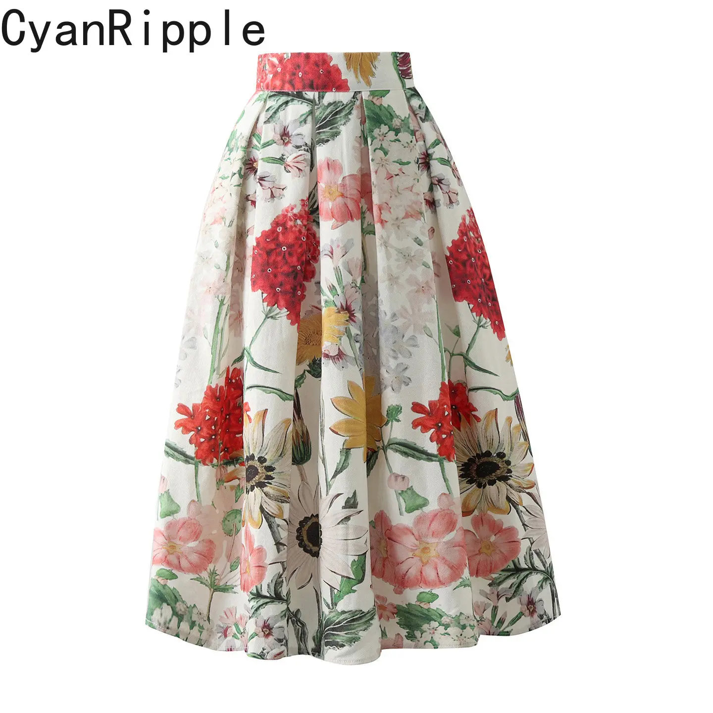 High Quality Vintage Printing Mid-length Women A-line Skirt 2026 New Autumn All-match High Waist Elegant Female Umbrella Skirts