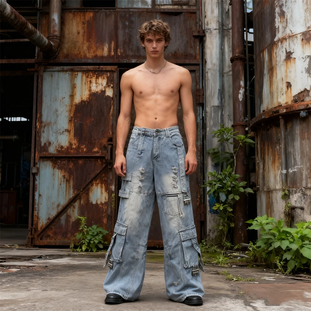 KUCLUT Fashion Niche Brand أفضل جودة بنطلون مستقيم فضفاض بسحاب ملابس الشارع الشهير جينز البضائع العتيق للرجال والنساء #5