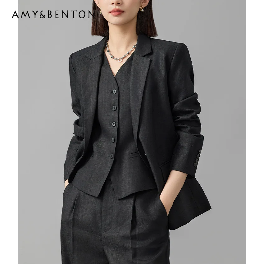 One Button Suit Jacket Slim Vest Wide-Leg Pants Three-Piece Sets Women Spring and Summer New Commuter Style Professional Outfits