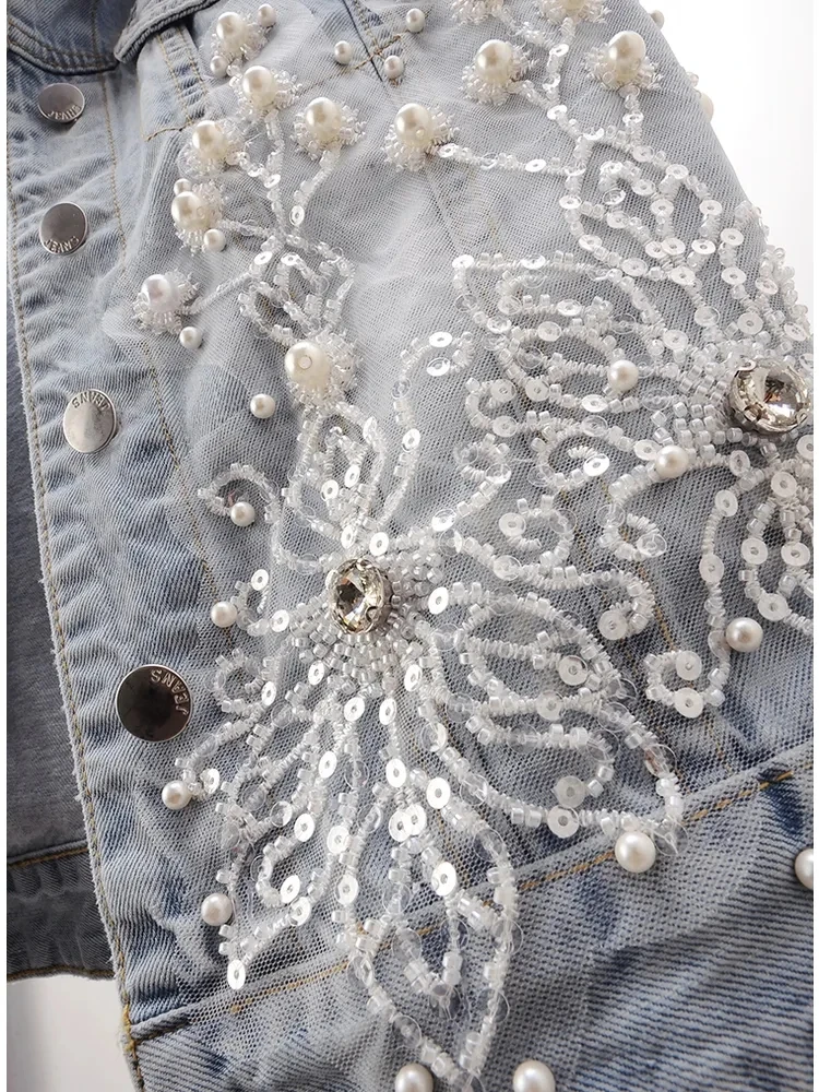 Spring/Summer Women Denim Vest 2024New Fashion Lace Beaded Denim Vest Cardigan Sleeveless Jacket Vintage Jeans Waistcoat Female