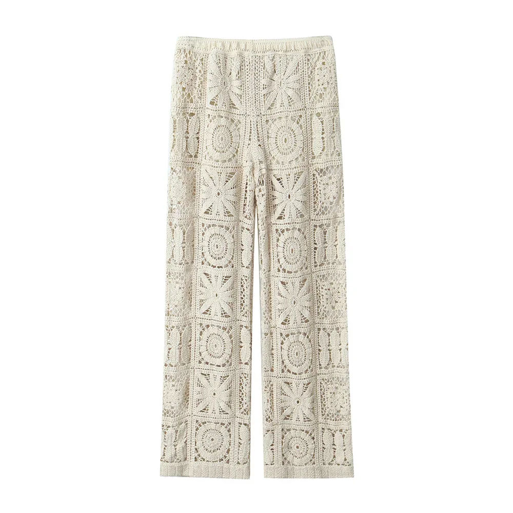 BWQ Spring/Summer New Women\'s Forest Style Lazy Hollow Hook Flower Knitted Cardigan Knitted Pants Set
