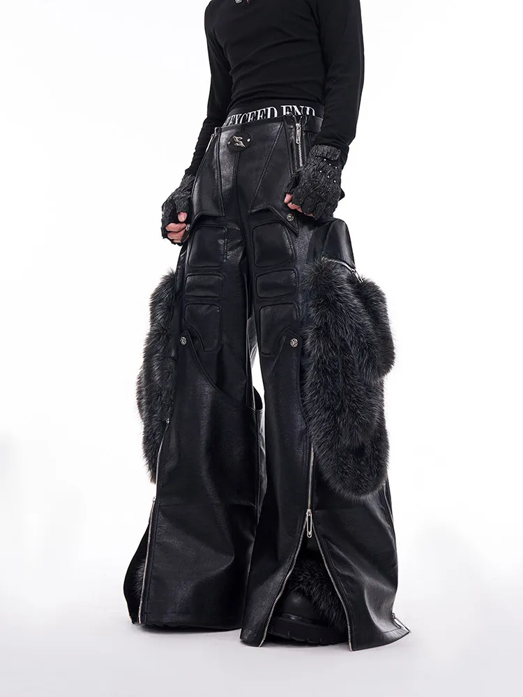 High Street Pants Men's Structural Design Fur Patchwork PU Leather Pants Winter Wide Leg Pants Detachable Hems