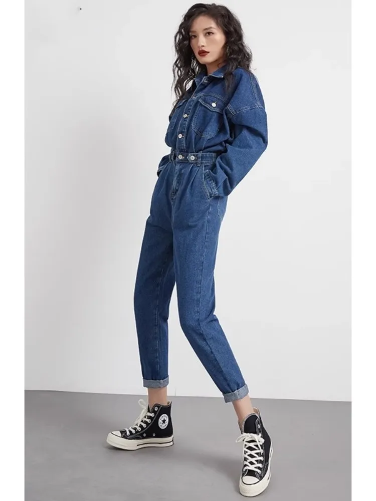 Retro Blue Jumpsuit Jeans For Women'S Autumn And Winter New Style, Featuring A Lapel And Waist Cinching Slim Fit Jumpsuit