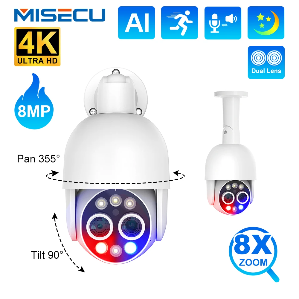 

MISECU PTZ 4K 8MP POE Camera 8X Hybrid Zoom 2.8mm 12mm Dual Lens Two Way Audio Color Night Vision Human Detection POE IP Camera