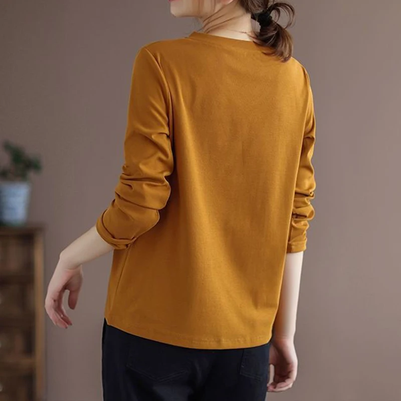 Autumn New Solid Loose Casual Long Sleeve T-shirts Vintage Tops Women V Neck Aesthetic Chic Pullovers All Match Female Clothes