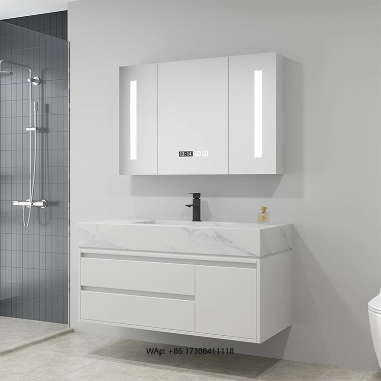 

Rectangle Shape Bathroom White Marble Top White Vanity Cabinet with Mirror