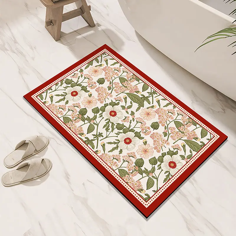 Floral Bath Mat Bathroom Floor Mats Absorbent Quick Dry Bathtub Side Carpet Non-Slip Shower Toilet Foot Rug Washable