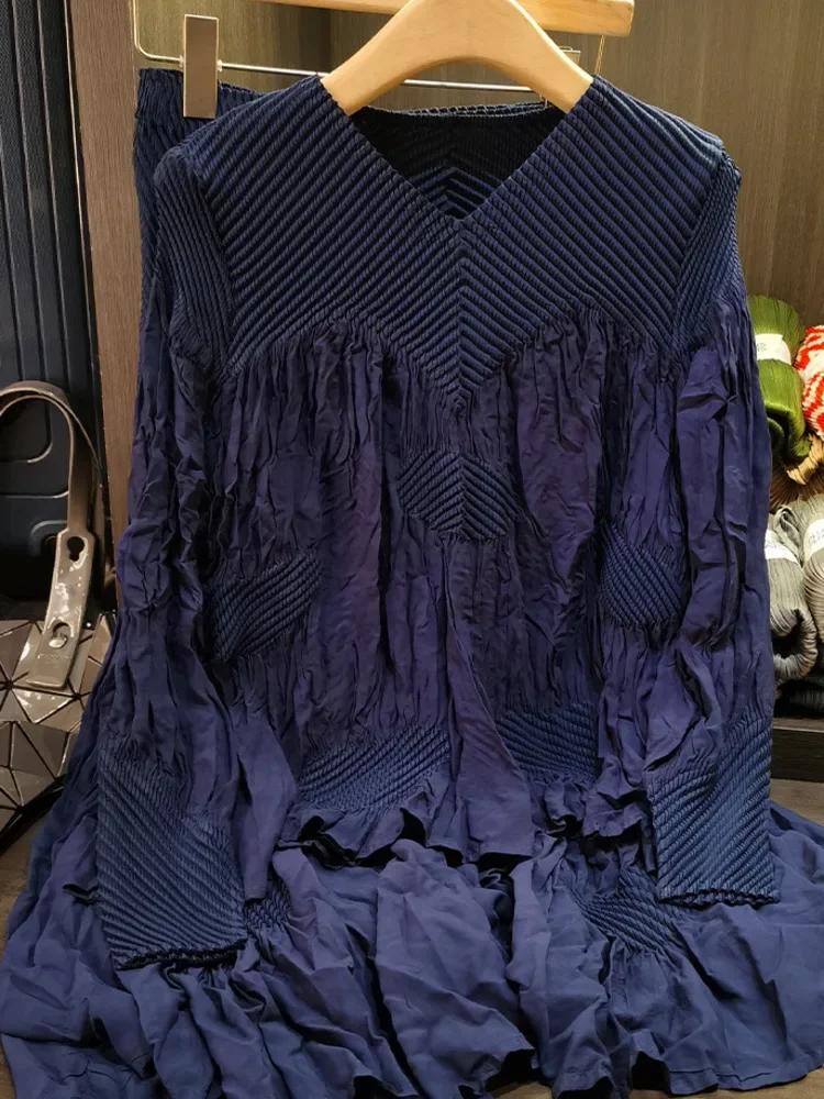 ใหม่แฟชั่นจีบแขนยาวหลวมชุดสตรีElasticเอวสีทึบครึ่งกระโปรงสตรีชุด 2025 ฤดูร้อน