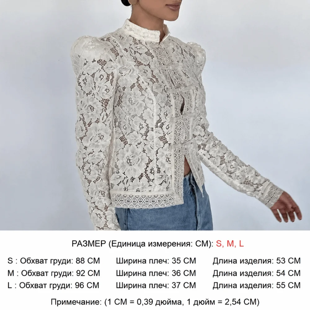 Einfarbige Bluse mit Stickerei, durchsichtige Bluse mit langen Ärmeln, Patchwork-Bluse, einreihig, schmal geschnitten, mit Lochmuster, Sommerkleidung – Detail 2