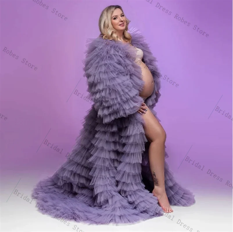 Luxury Purple Women Pregnant Wedding Prom Dress Sexy V Neck Maternity Bridal Evening Gown Tiered Tulle Mesh Customized Robe