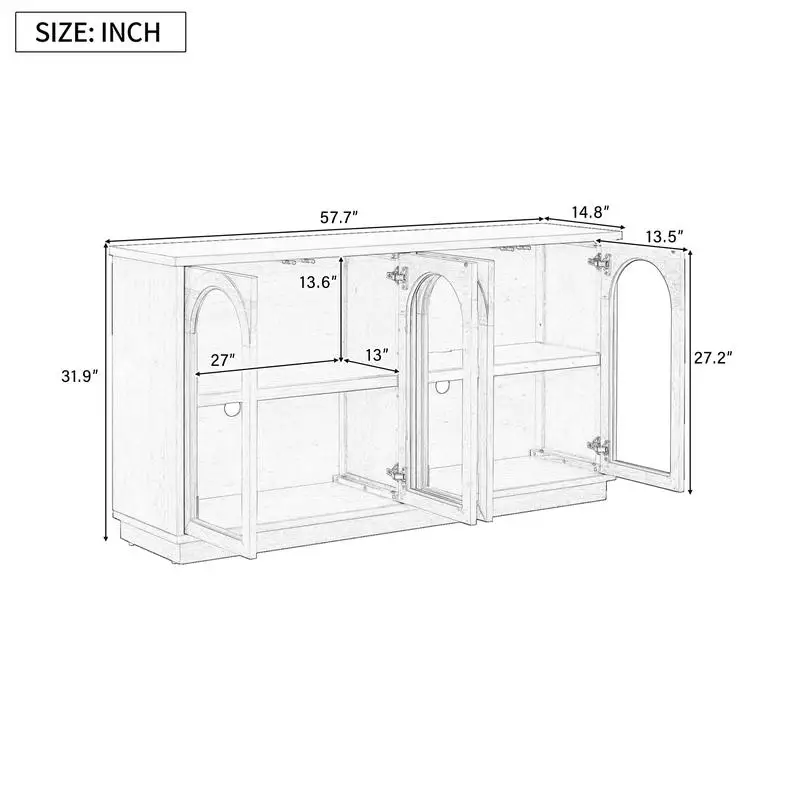 خزانة بوفيه كبيرة للتخزين بأربعة أبواب مع أبواب زجاجية، تصميم مقوس، أرفف قابلة للتعديل للمطبخ وغرفة الطعام والمعيشة