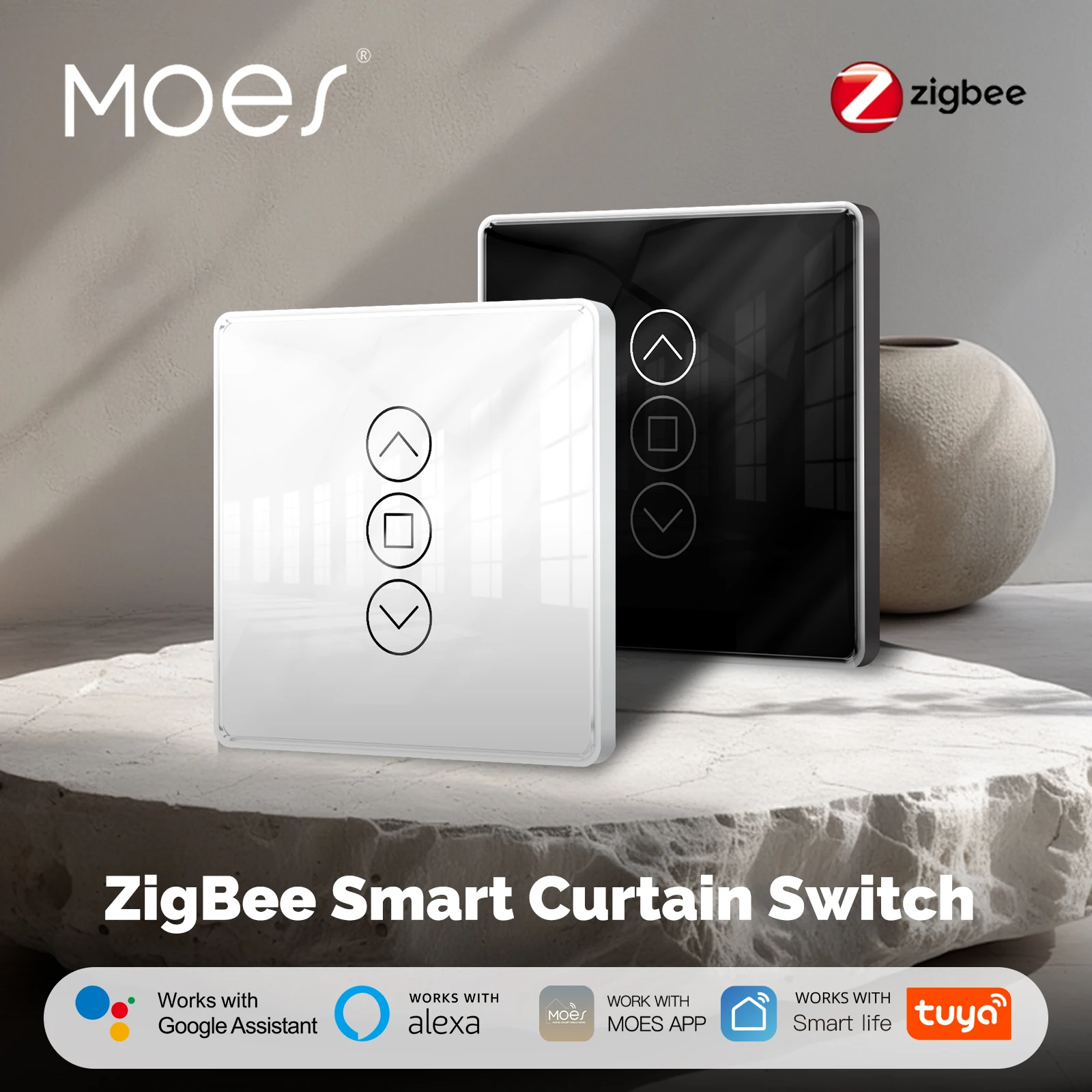 MOES Tuya ZigBee Smart Curtain Switch 2.5D Поддержка RF433 Дуга Стеклянная сенсорная панель Приложение Дистанционное управление Работа с Alexa Google Home