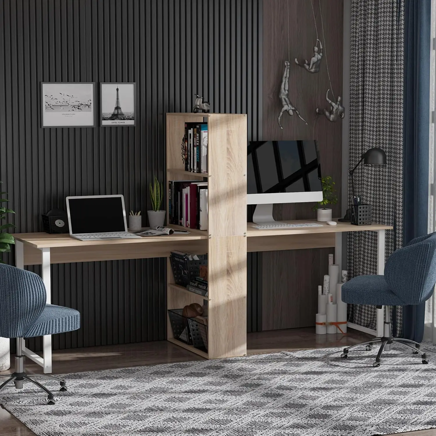 Extra Long 2-Person Computer Desk With Bookshelf, 88", Customized