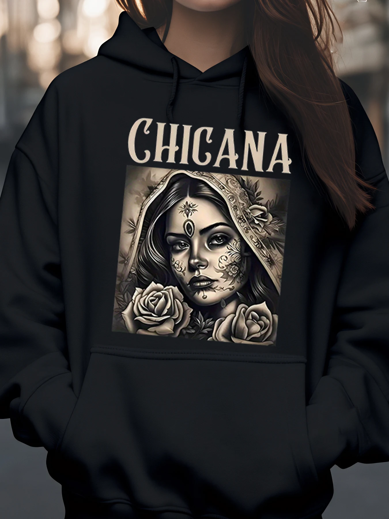 سترة بغطاء للرأس مطبوعة على شكل جمجمة من Chicana Sugar Day of the Dead للسيدات كاجوال ملابس الشارع #1