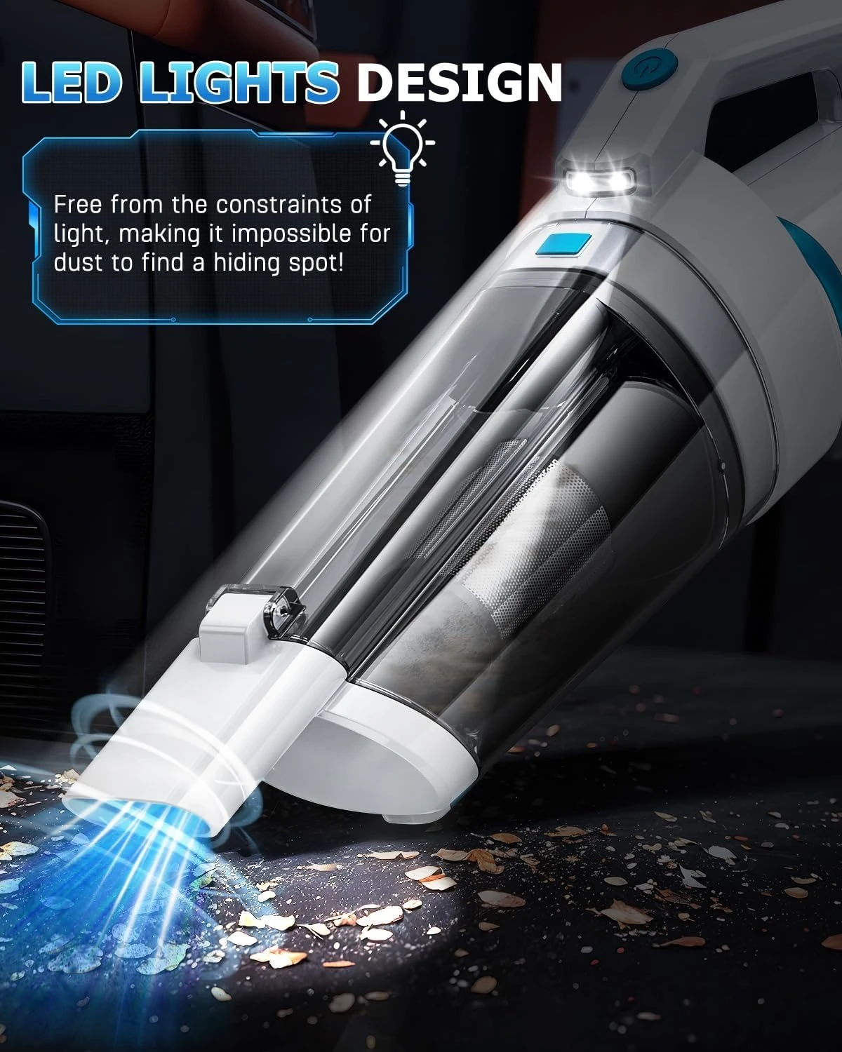 16000PA High Suction Rechargeable Cordless Handheld Vacuum Cleaner, Portable Car Vac with LED Light & Two Washable HEPA Filters for Home Car Office Use view 5