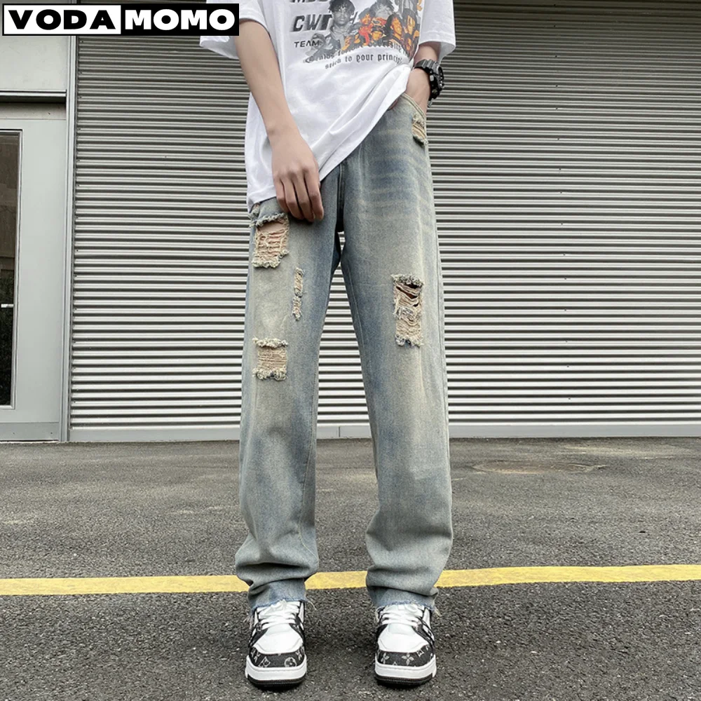 

Broken Hole High Street Distressed Jeans Men New Trend Korean Style Straight Tube Worn Out Denim Pants Hip Hop ripped jeans