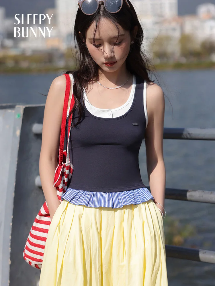 Two-Tone Layered Tank Top Women Summer Slim Fit Stretch Camisole Short Knit Vest Stylish Inner Outer Wear Sleeveless Crop Top