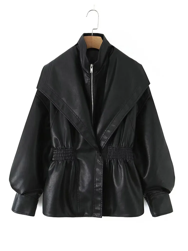 Giacca in pelle attillata vintage con spalla larga e vita da donna, tinta unita, unica, con cerniera, cappotto allentato, capispalla quotidiano Highstreet