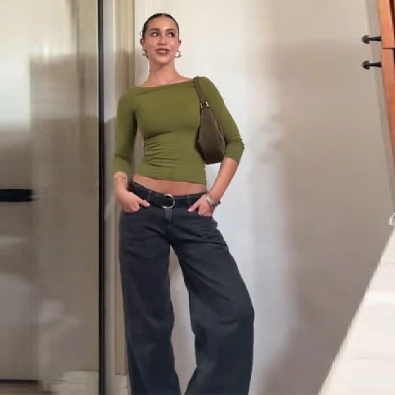 

Vintage Green Tight-Fitting Top Basic Style Round Neck Long Sleeve Slim Soft Solid Tees Autumn New All-Matching Daily Outfit