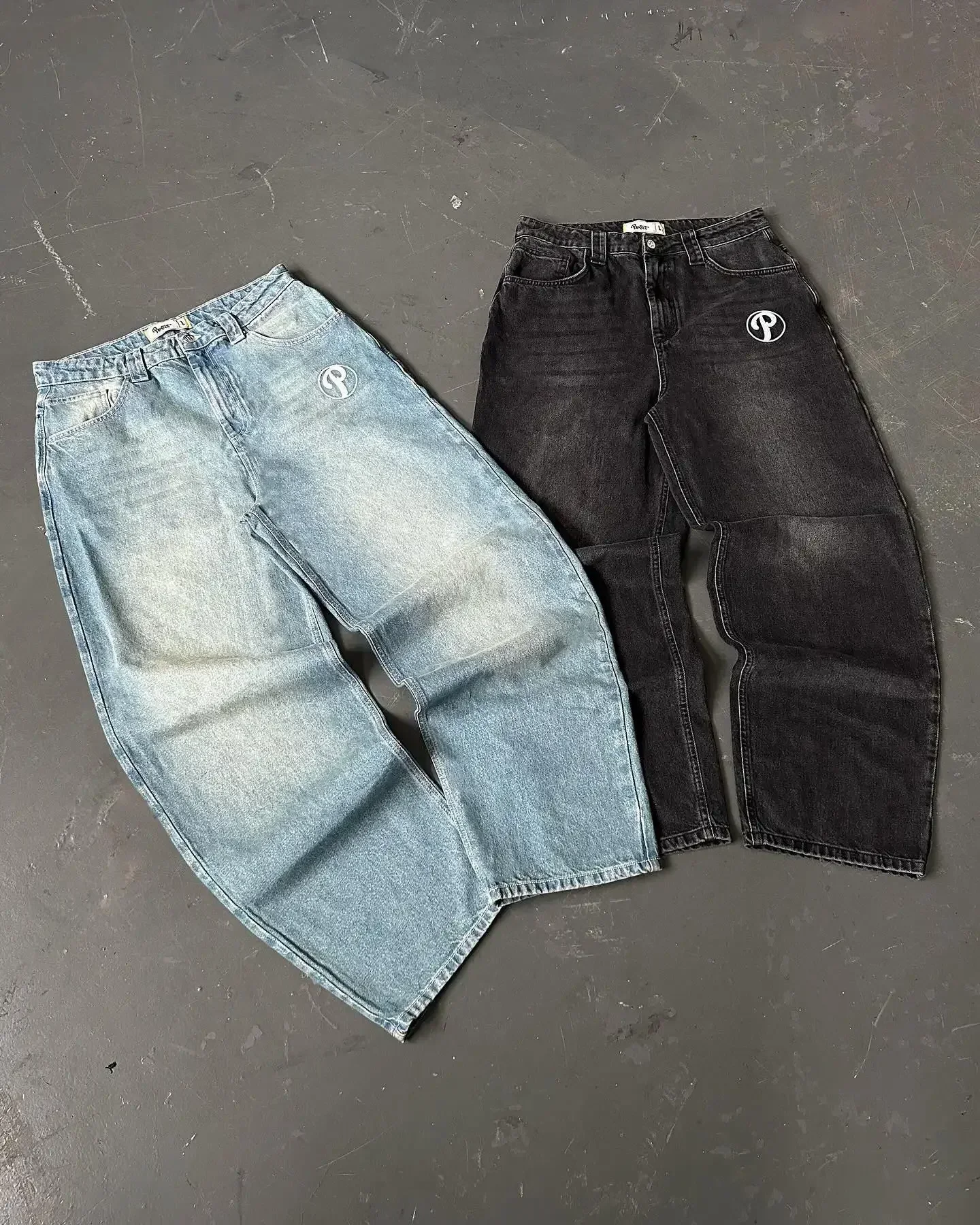 Homens e mulheres lavados jeans largos azuis, carta bordada, retro, harajuku, hip-hop, cintura alta, calças de perna larga, Y2K, novo