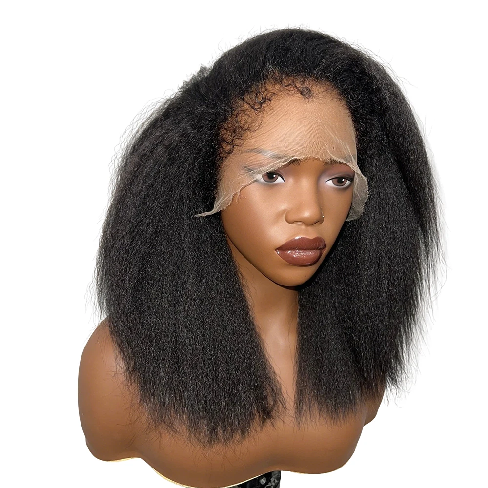 4C Edges Baby Hair Kinky Straight Haarwerk van Echt Haar, Eenvoudig te plaatsen, Zijscheiding, Kort Yaki Bob Haarwerk van Echt Haar, 13x4 Lace Front Haarwerk, 200% - afbeelding 2
