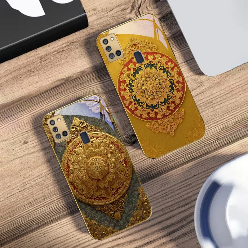 أقحوان أصفر لسامسونج A 31 32 A33 A34 35 14 A15 13 16 25 26 50 52 53 54 55 56 70 71 72 73 حافظة هاتف زجاجية ذهبية