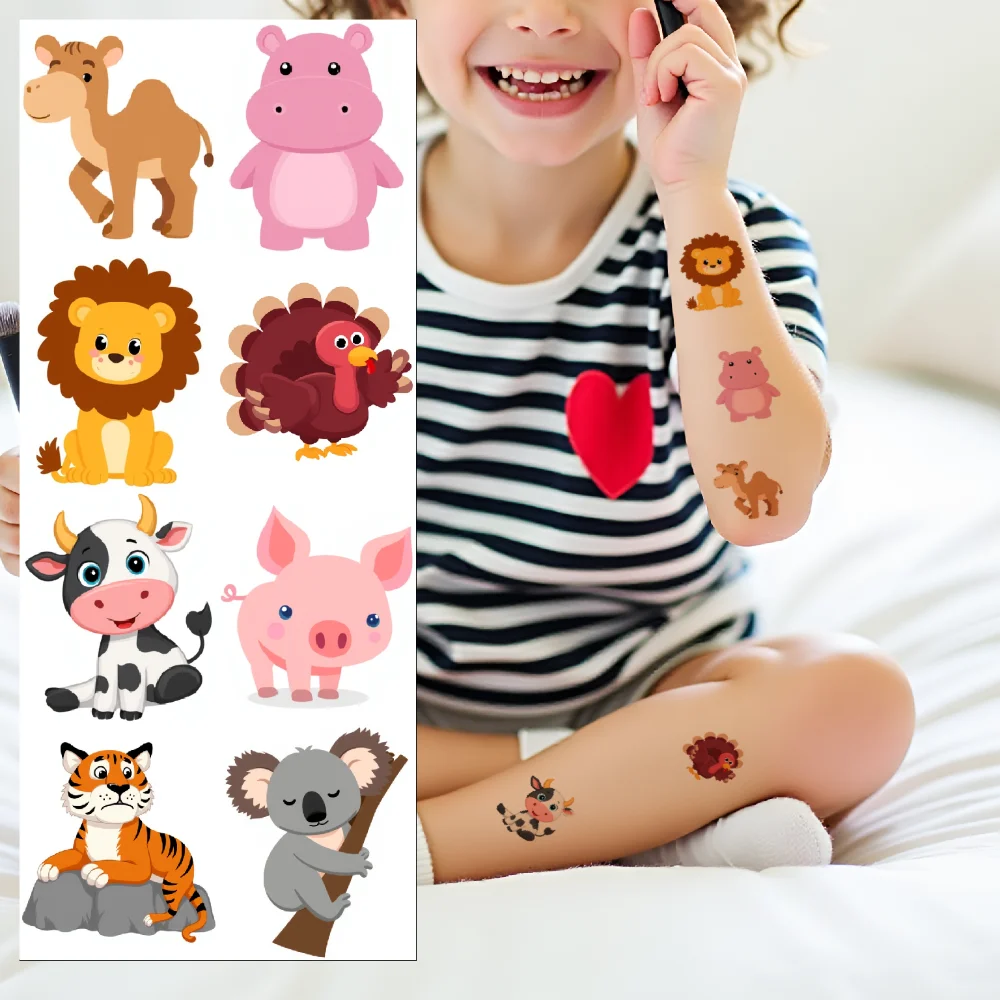 54 pièces dessin animé Animal tatouage temporaire imperméable mignon Lion singe tigre Animal corps autocollant bois Animal Cosplay faux tatouages