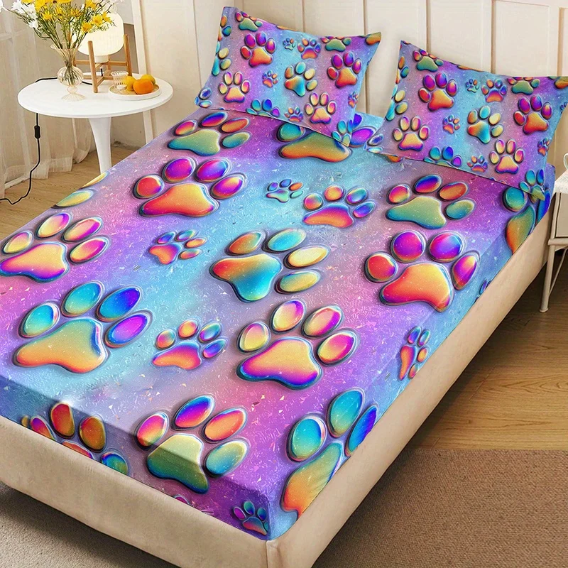 Rainbow Gradient Pet Paw Print Fitted Sheet Set without Pillow Inserts, Home Dorm HD Print