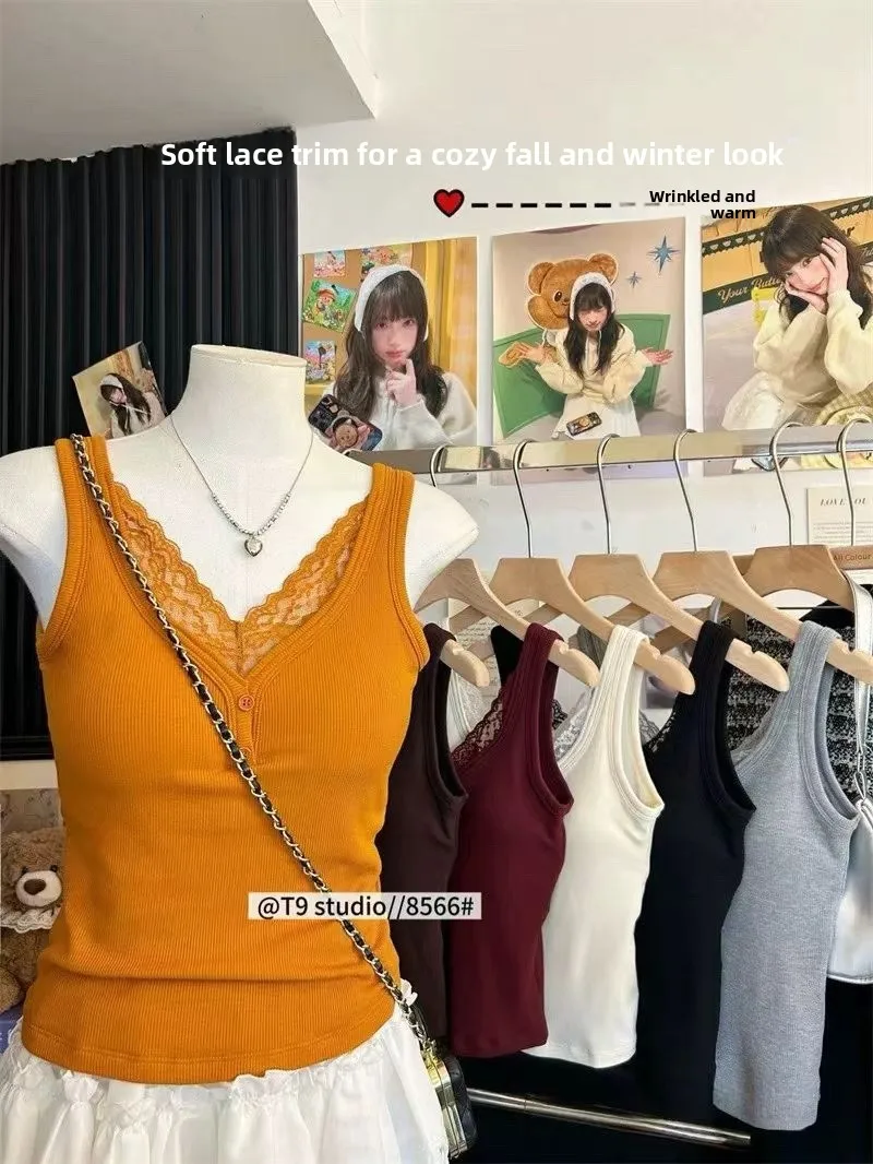 2025 delle nuove donne Lace Trim Floing Vest Autunno Inverno Thiened Tuta sportiva Base irt V-ne Svel Pendolarismo Sle Colore puro