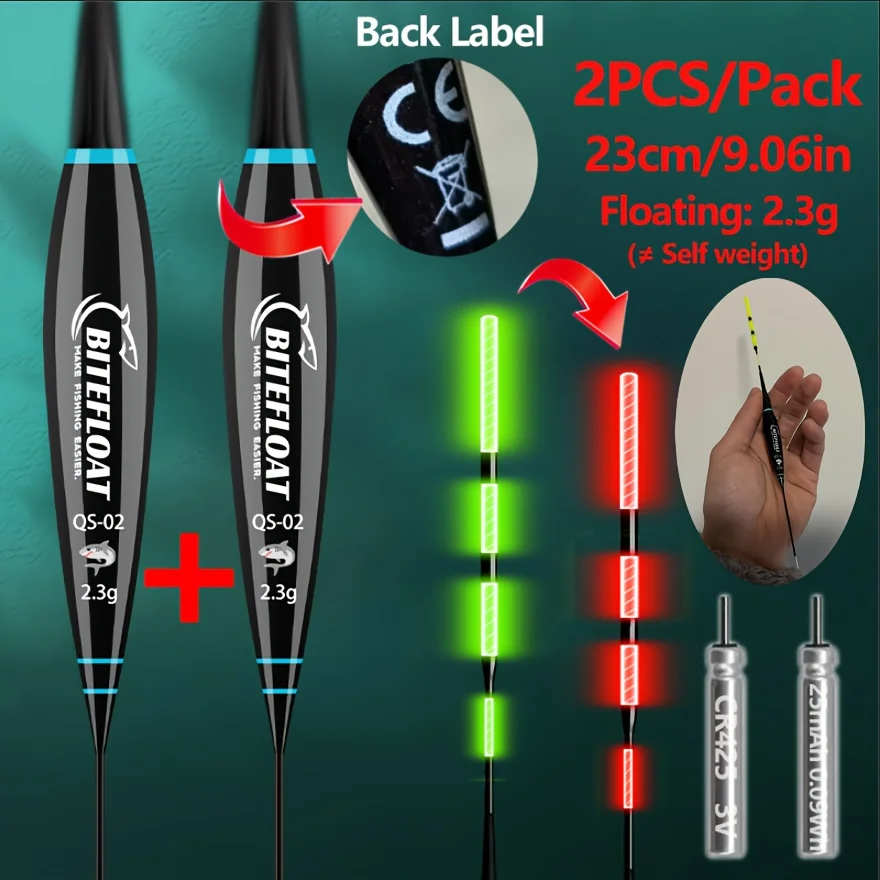 Bite Float 2026 New 2PCS Set Night Fishing Float Short Eye-Catching Rock Fishing Float CR425 Battery Glow at Night