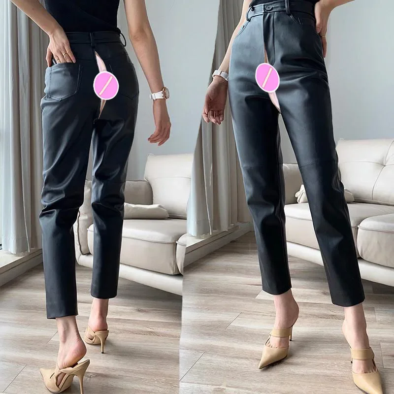 

Уличные сексуальные брюки с открытой промежностью, экзотические шорты, женские кожаные брюки, брюки из искусственной кожи, персиковые леггинсы на бедрах, повседневная уличная одежда для пары, женская