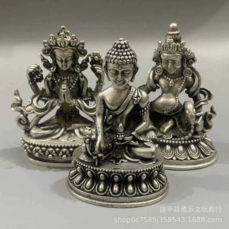 Tibetan-style small statue made of silver-plated white copper, featuring miniature Buddha figures