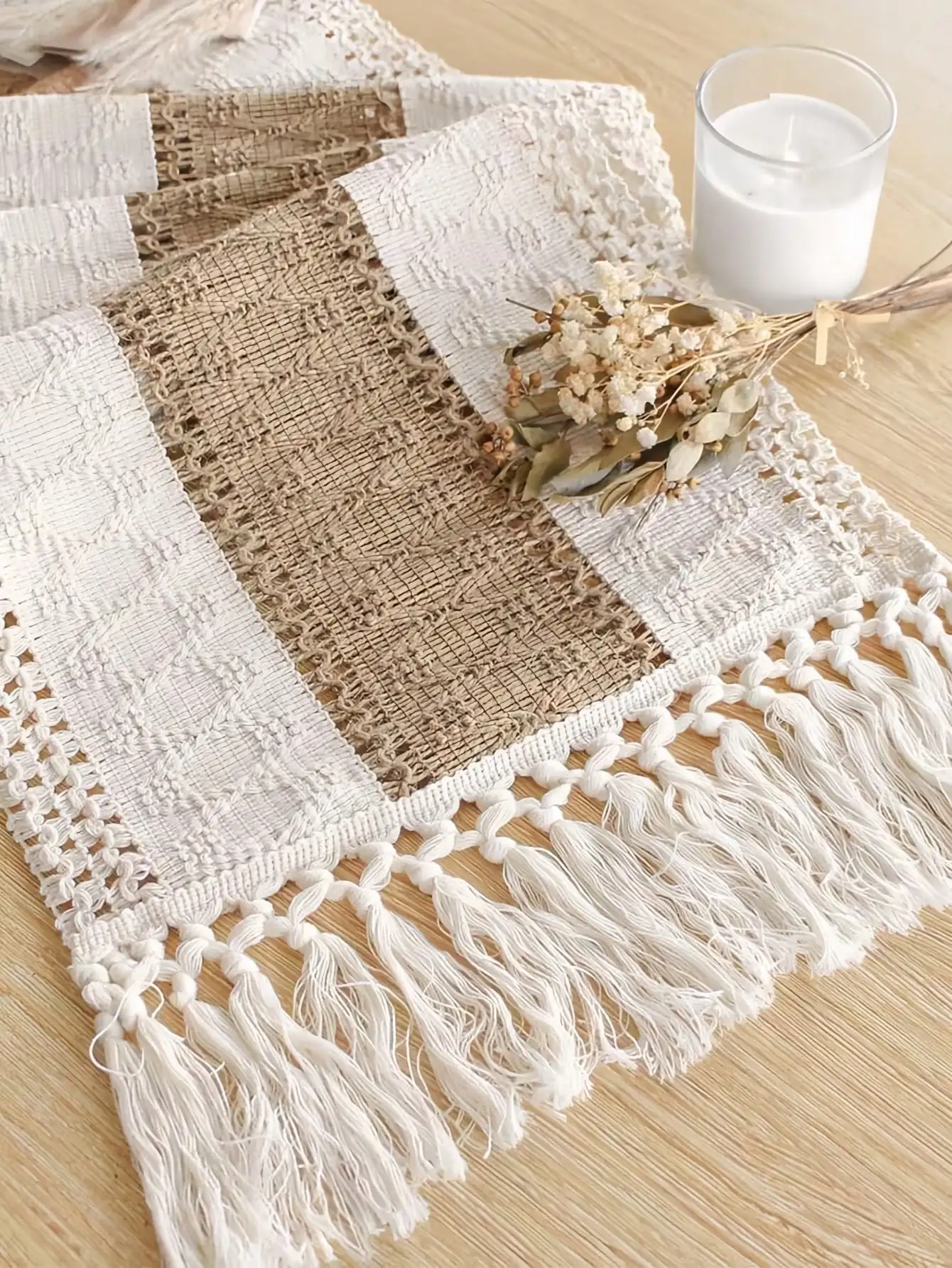 1pc Boho Table Runner Macrame Table Runners For Home Decor ,Cream & Brown Macrame Table Runner With Tassels For Boho Dining Bedroom Decor Rustic Bridal Shower,Farmhouse Rustic Table Runner,Place Mat, (Multiple Sizes Available)