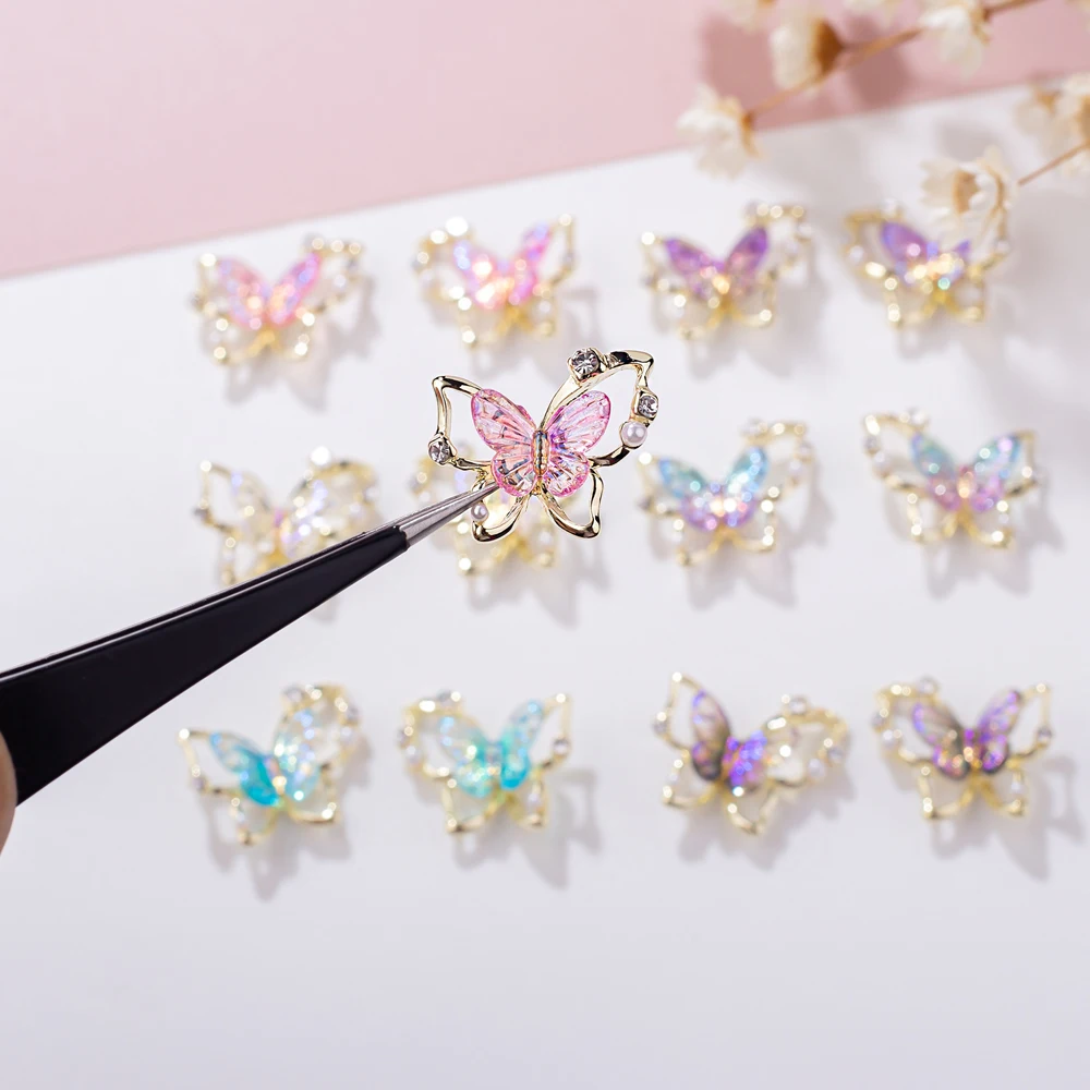 Abalorio de mariposa brillante para decoración de uñas, Gema de cristal hueco de aleación 3D, accesorios de estilo Kawaii, 5 piezas