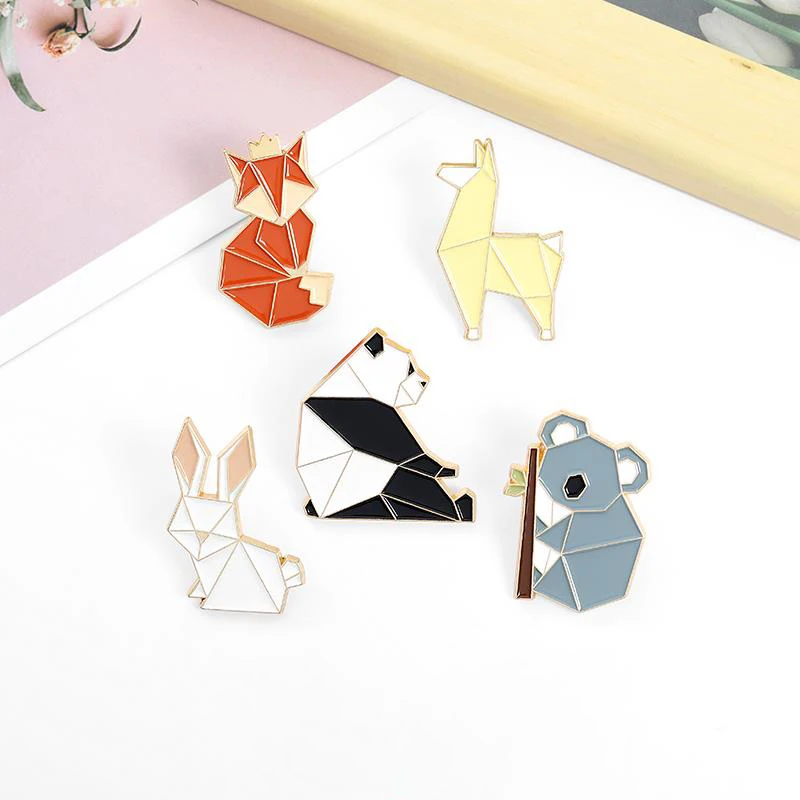 Origami Animal Enamel Pin Custom Fox Panda Koala Alpaca Rabbit Brooch Bag Clothes Lapel Pin Badge Cartoon Jewelry Kid Friend