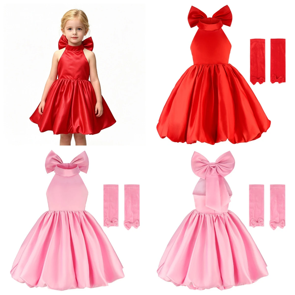 Rotes Satin-Neckholder-Kleid für Mädchen mit passenden Armstulpen, formelles Kleid für Kinder, Geburtstag, Feiertag, Festzug, Bankett, Abend, Fotoshooting, ASQ03