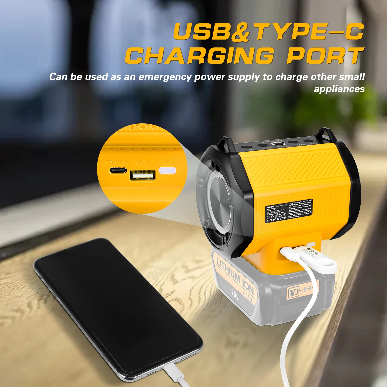 Portable Speaker For Dewalt 20V Battery With USB Type-C Port Bluetooth-compatible Speaker for Camping & Parties (No Battery)