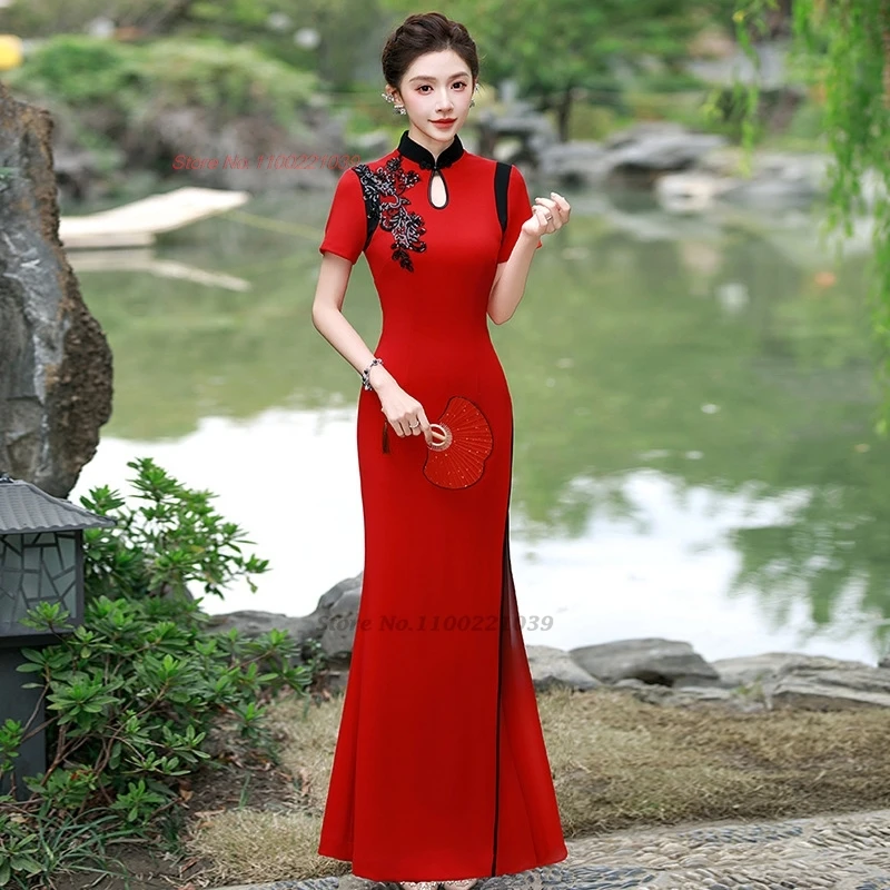 

2025 chinese vintage dress improved cheongsam national flower sequin formal qipao retro stage performance banquet evening dress