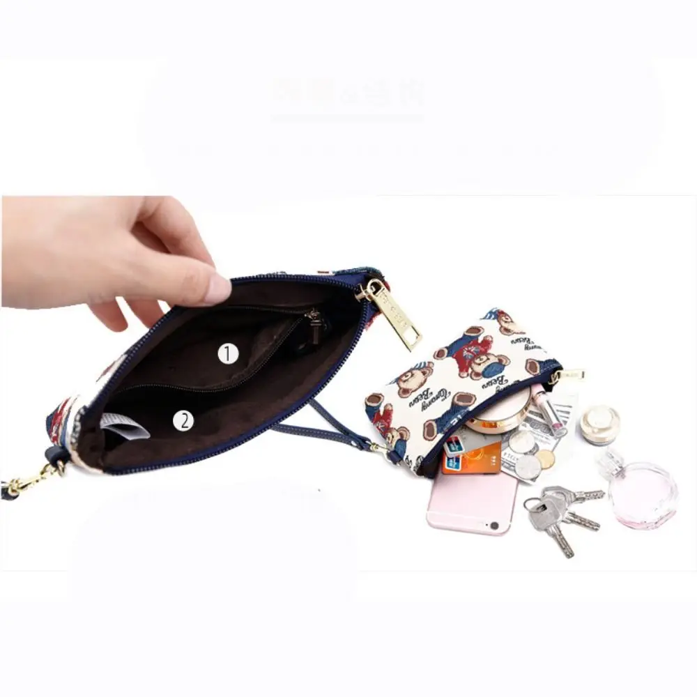 Fashion Cartoon Bear Wallet Canvas Card Holder Phone Bag Zipper Clutch Bag Travel Coin Purse