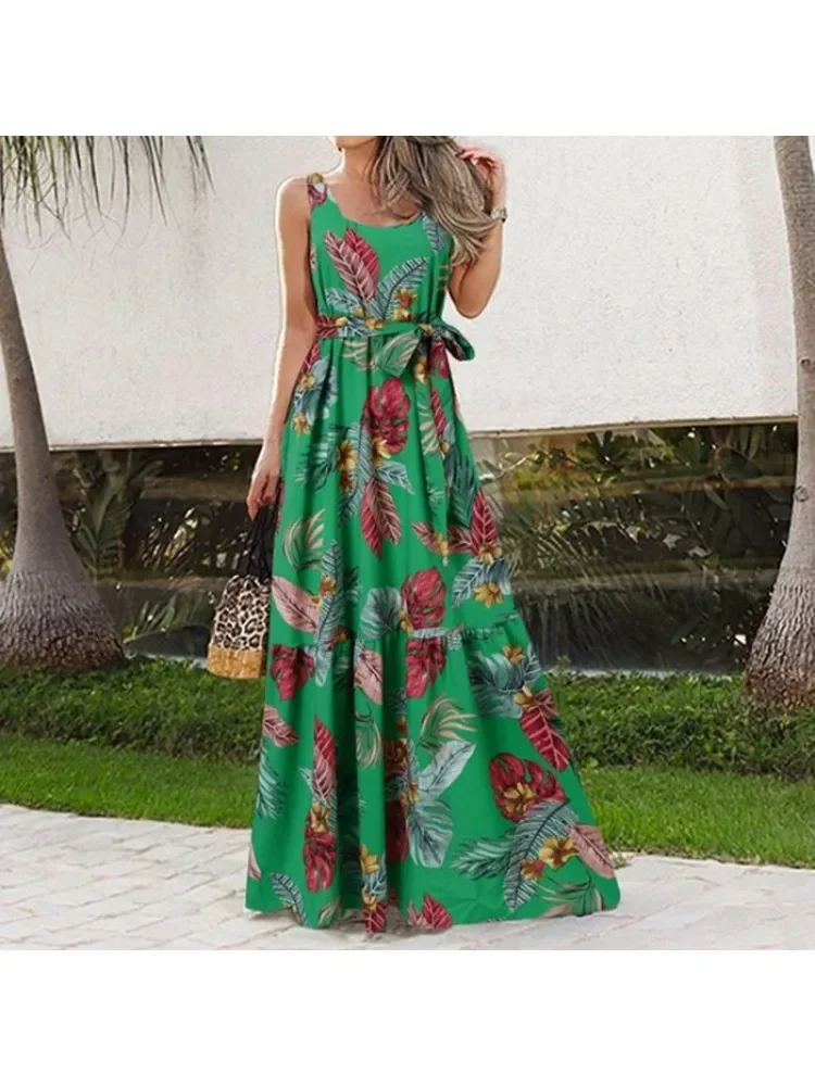 plus size Square Neck Sleeveless Belt Casual Dress Elegant Flower Print Fashion Loose Long Dress Versatile Daily Long Dress