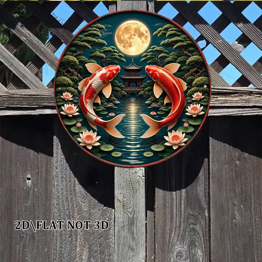 2D Flat Metal Sign Koi Pond Moon Night Japanese Garden Vintage Decor Plaque For Living Room Study Tea Room Gift view 6