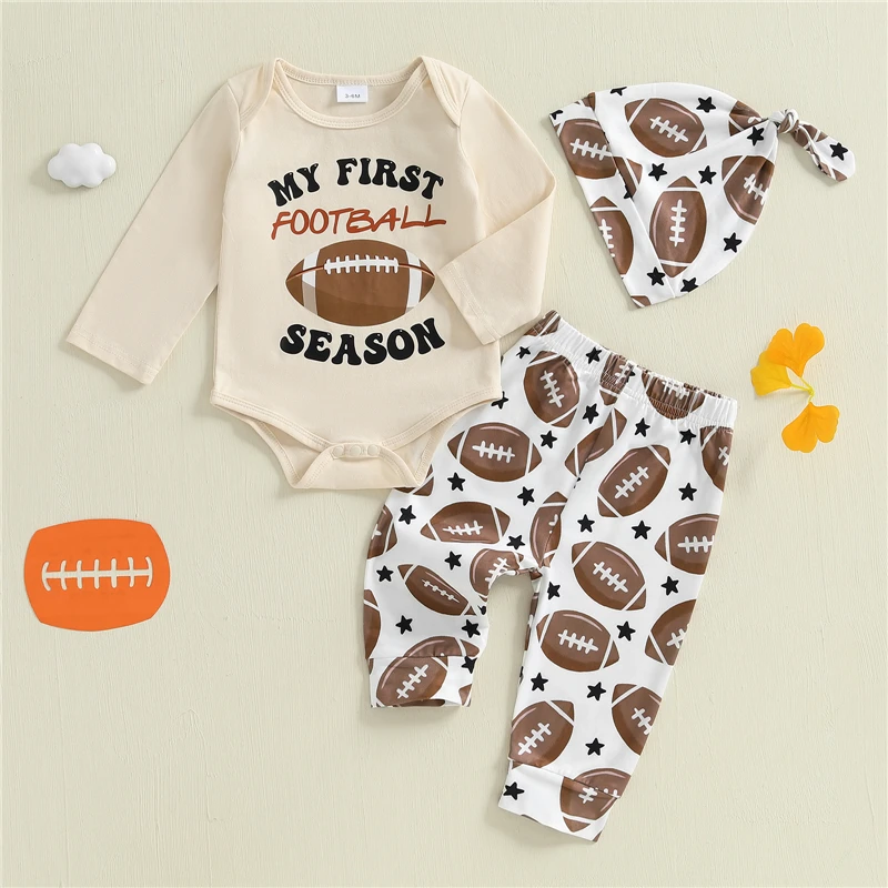 

Infant Toddler Baby Boy Fall Football Outfit Letter Rugby Print Crew Neck Long Sleeve Romper Pants and Cap 3 Pcs Set