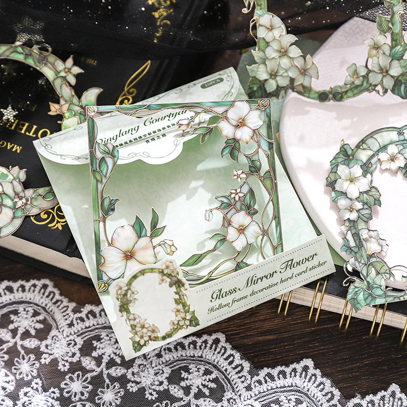 Journal GO 10pcs Flowers Frame Stickers for Scrapbooking Hard Card Art Collage Junk Journal Hallow Out Floral Sticker
