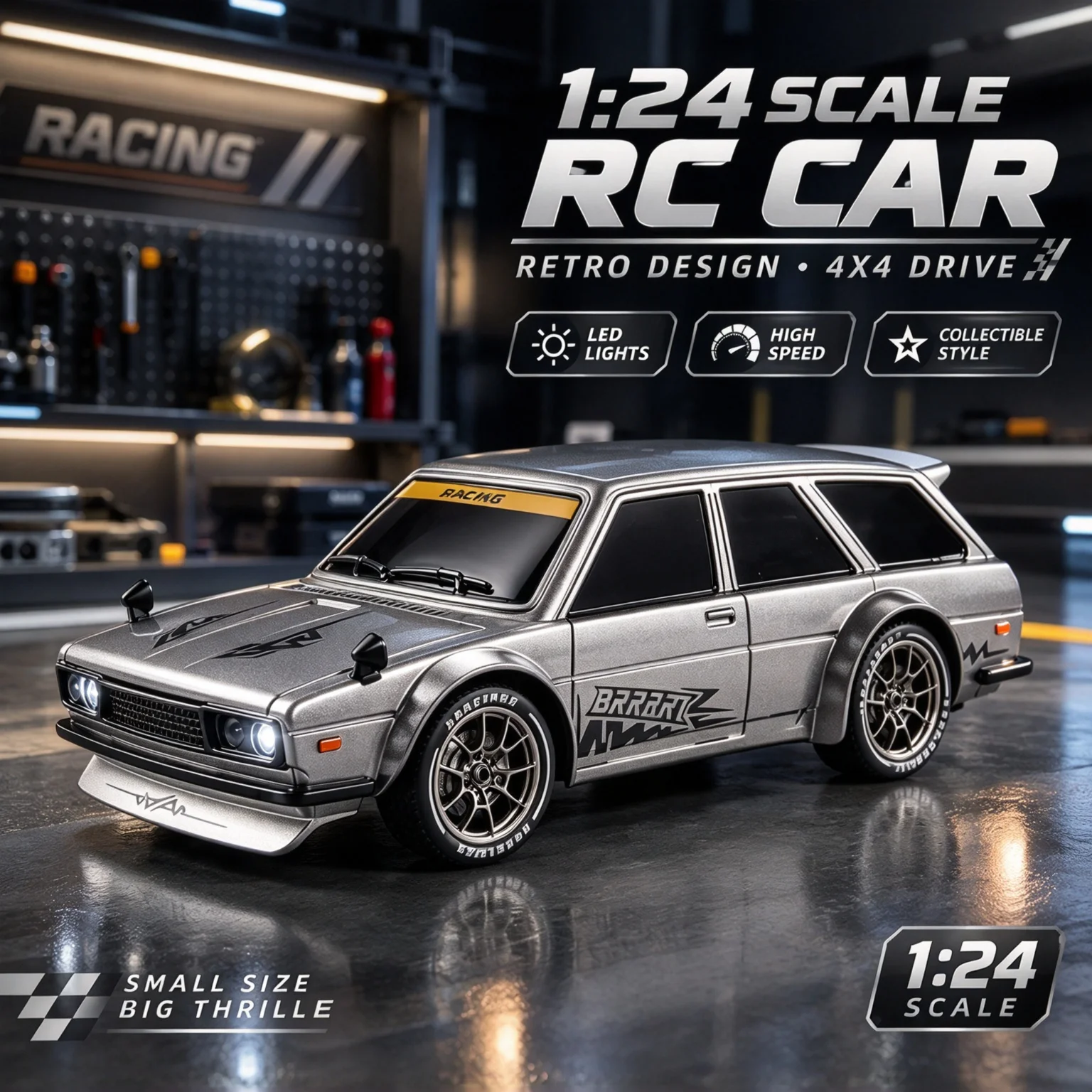 1/24 RC Drift Car, Proportional Throttle Racing Model with LED Tail Light, 2.4G Remote Control Gift for Boys