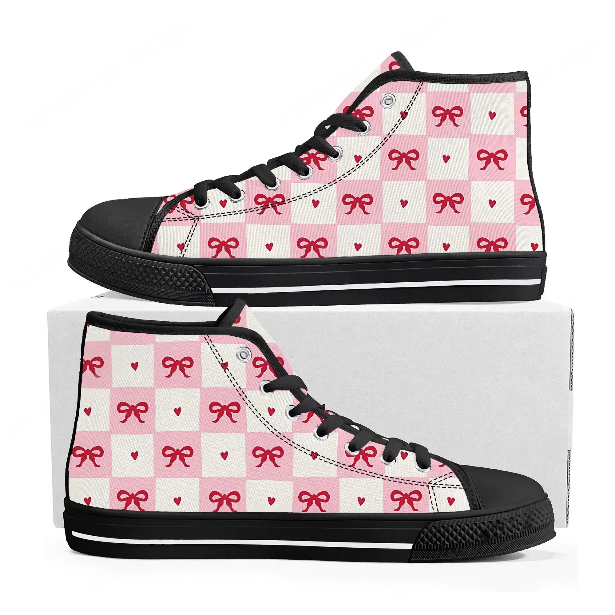 

Pink Printed Bow shoes High Top Sneakers Womens Teenager High Quality Canvas Sneaker couple Casual Shoe Customize Shoes