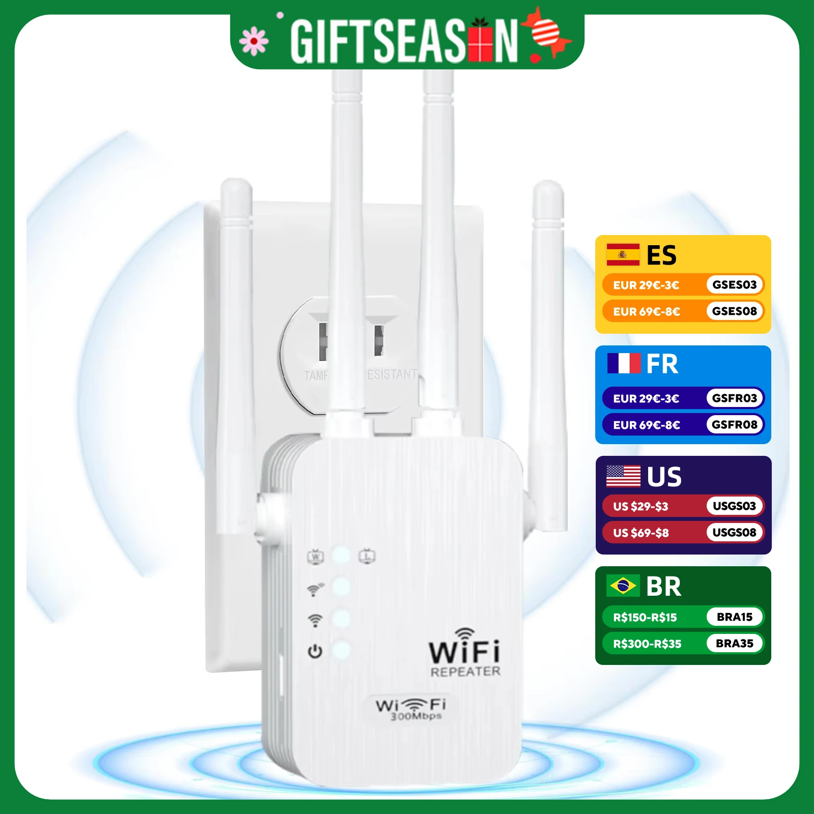 300Mbps Wireless Repeater for Home Powerful 4 Antennas WiFi Booster 2.4GHz 802.11 B G N Wi-Fi Extender Signal Booster